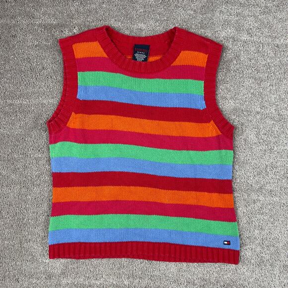 Tommy Jeans Sweaters - Vtg Striped Sweater Vest Size M Tommy 100% Cotton Red Blue Green 90s Y2K Preppy